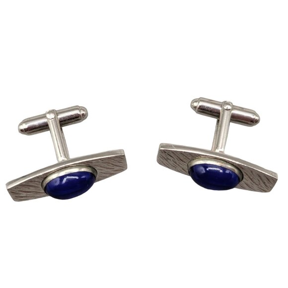 Anson Cobalt Blue Cabochon Mens Cufflinks Toggle Clasp Vintage - Picture 2 of 4